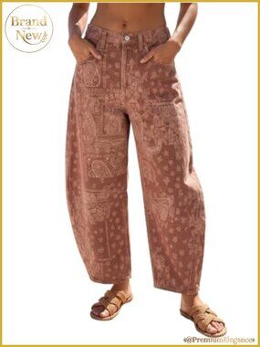 Wide Leg Floral Barrel Jeans with Pockets Cotton Blend